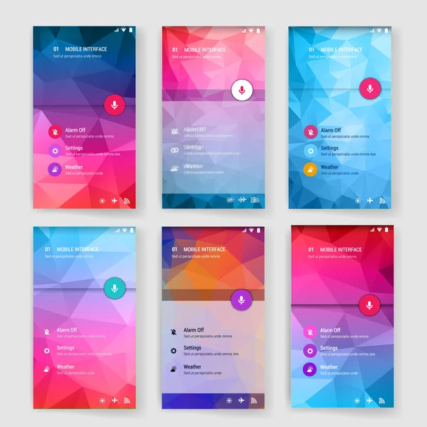 Plantilla de pantalla de interfaz de usuario moderna para teléfono inteligente móvil o sitio web. Interfaz de usuario de diseño de material borroso transparente con iconos . — Vector de stock