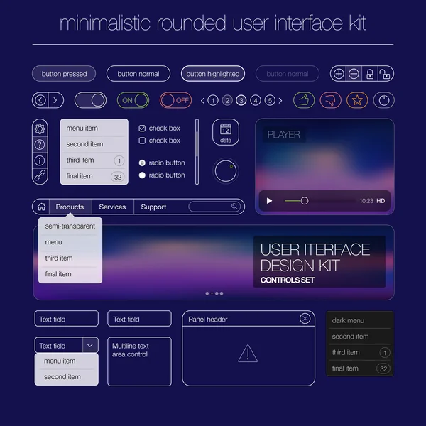 Modern user interface screen template kit for mobile smart phone or web site. Transparent blurred material design UI with icons. — Stock Vector