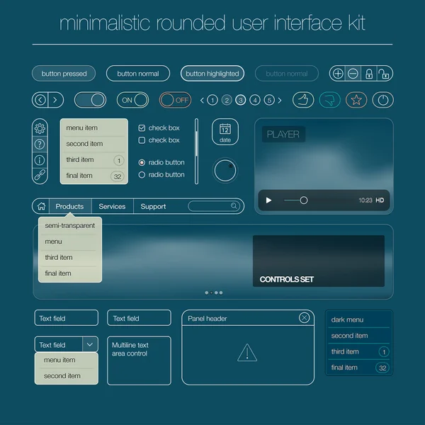 Modern user interface screen template kit for mobile smart phone or web site. Transparent blurred material design UI with icons. — Stock Vector