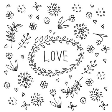 El çizilmiş aşk vintage çiçek elemanları. 