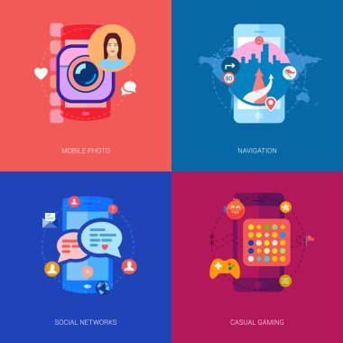Mobile apps, games, photo selfie and car navigation icons illustration clipart