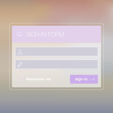 Modern user interface login, signup screen template for mobile smart phone or web site. Transparent blurred material design UI with icons.