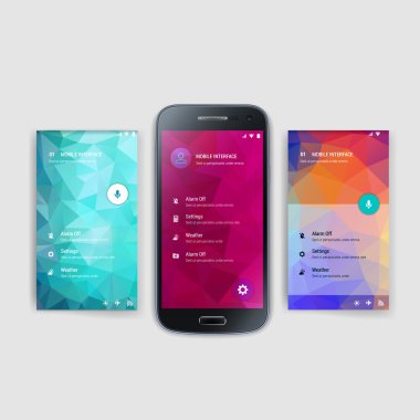 Modern user interface screen template for mobile smart phone or web site. Triangular colorful material design UI background with icons.