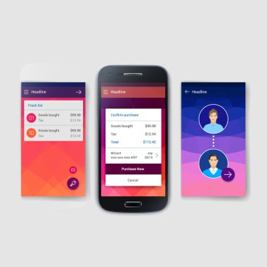 Modern kullanıcı arabirimi ekran hareket eden acımak telefon ya da web sitesi şablonu. Şeffaf bulanık malzeme tasarımına UI ile kutsal kişilerin resmi.