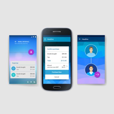 Modern kullanıcı arabirimi ekran hareket eden acımak telefon ya da web sitesi şablonu. Şeffaf bulanık malzeme tasarımına UI ile kutsal kişilerin resmi.