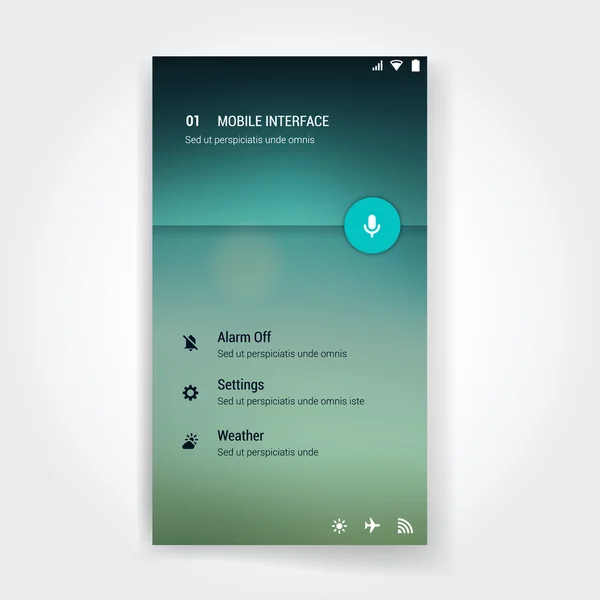 Modèle d'écran d'interface utilisateur moderne pour téléphone intelligent mobile ou site Web. Conception matérielle floue transparente UI avec icônes . — Image vectorielle