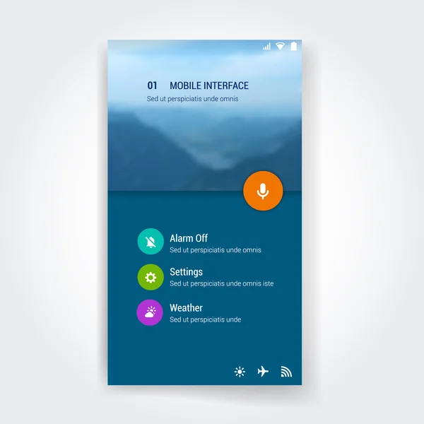 Modelo de tela de interface de usuário moderno para telefone inteligente móvel ou site. UI de design de material desfocado transparente com ícones . — Vetor de Stock