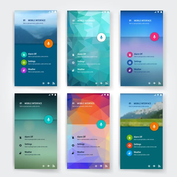 Modelo de tela de interface de usuário moderno para telefone inteligente móvel ou site. Projeto de material colorido triangular UI fundo com ícones . — Vetor de Stock