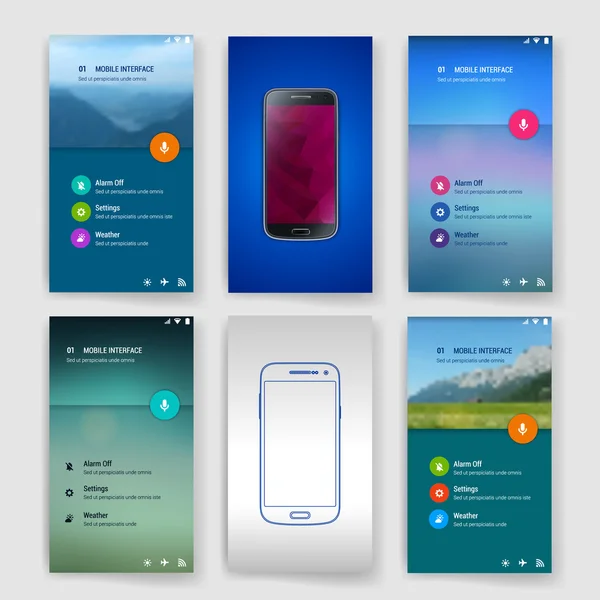 Modelo de tela de interface de usuário moderno para telefone inteligente móvel ou site. Projeto de material colorido triangular UI fundo com ícones . — Vetor de Stock