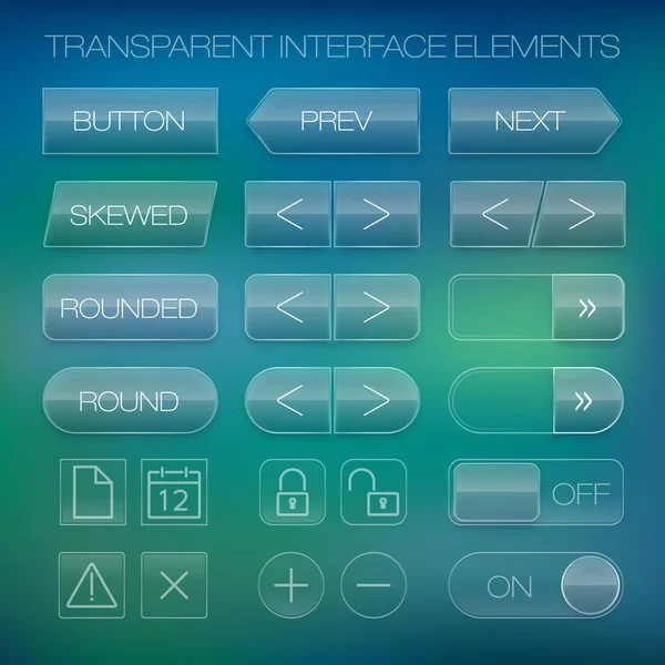 Templat tombol antarmuka pengguna modern untuk telepon pintar seluler atau situs web. UI disain material buram transparan dengan ikon . - Stok Vektor
