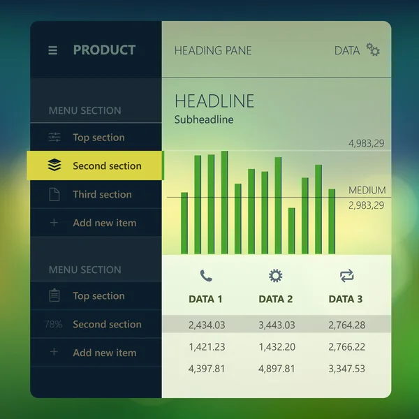 Modèle d'écran d'interface utilisateur moderne pour téléphone intelligent mobile ou site Web. Conception matérielle floue transparente UI avec icônes . — Image vectorielle