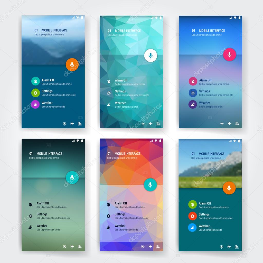 Modern user interface screen template for mobile smart phone or web site. Triangular colorful material design UI background with icons.