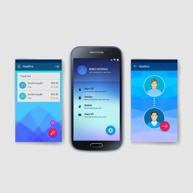 Modern kullanıcı arabirimi ekran hareket eden acımak telefon ya da web sitesi şablonu. Şeffaf bulanık malzeme tasarımına UI ile kutsal kişilerin resmi.