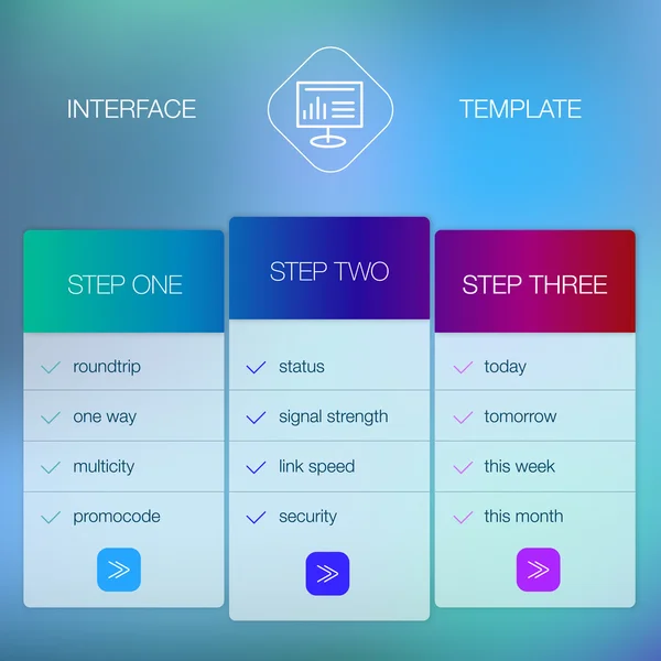 Modèle d'écran d'interface utilisateur moderne pour téléphone intelligent mobile ou site Web. Conception matérielle floue transparente UI avec icônes . — Image vectorielle