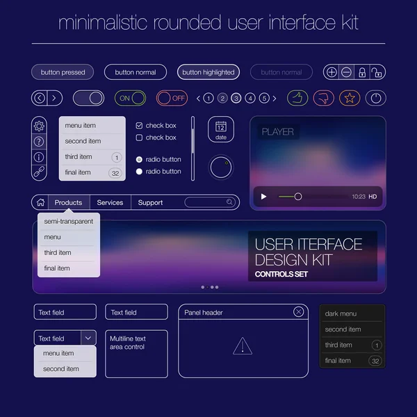 Plantilla de botón de pantalla de interfaz de usuario moderna para teléfono inteligente móvil o sitio web. Interfaz de usuario de diseño de material borroso transparente con iconos . — Vector de stock