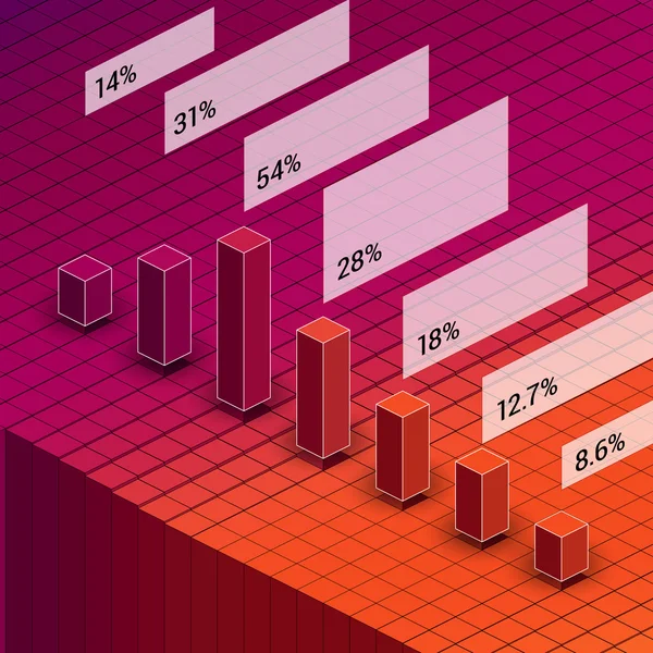 Isométrico diagrama de gráfico de barras rojo y naranja con etiquetas. Conjunto de plantillas infográficas. Diseño de banner numerado secuencia de flujo . — Archivo Imágenes Vectoriales