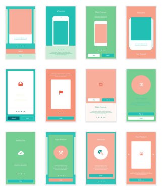 Hareket eden kullanıcı arabirimi 35 ekranları Wirefrme teçhizat onboarding Sihirbazı, giriş, kayıt ve gösterge tablosu listesi ekranlar için. Vektör ölçeklenebilir retina UI.