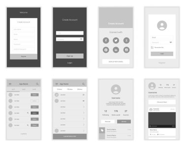 Hareket eden kullanıcı arabirimi 35 ekranları Wirefrme teçhizat onboarding Sihirbazı, giriş, kayıt ve gösterge tablosu listesi ekranlar için. Vektör ölçeklenebilir retina UI.