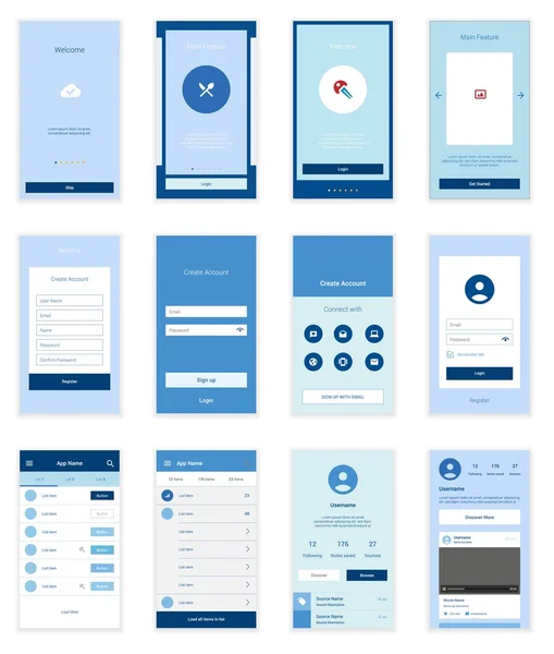 Hareket eden kullanıcı arabirimi 35 ekranları Wirefrme teçhizat onboarding Sihirbazı, giriş, kayıt ve gösterge tablosu listesi ekranlar için. Vektör ölçeklenebilir retina UI.