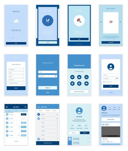 Interfaz de usuario móvil 35 pantallas Wirefrme Kit para el asistente de incorporación, inicio de sesión, registro y pantallas de la lista del tablero. Interfaz de usuario de retina escalable vectorial . — Archivo Imágenes Vectoriales