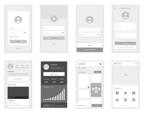 Mobile User Interface schermen Wirefrme Kit voor login, aanmelding en het dashboard lijst schermen. — Stockvector