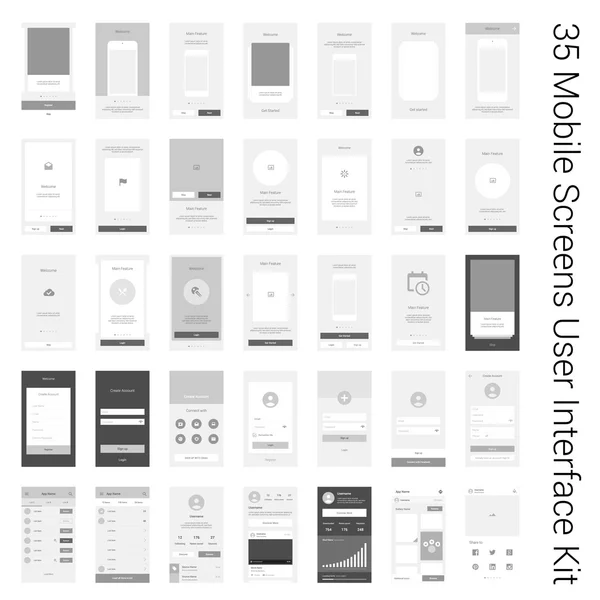 Mobile User Interface 35 schermen Wirefrme Kit voor doordat wizard, login en signup dashboard lijst schermen. — Stockvector