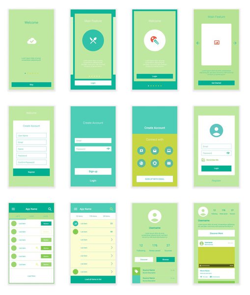 Mobile Interface 35 Screens Wirefrme Kit для экранов бортового мастера, логина, регистрации и списка инструментов. Векторный масштабируемый интерфейс сетчатки
.