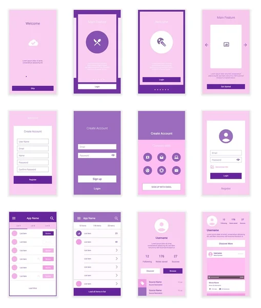 Mobile User Interface 35 schermen Wirefrme Kit voor doordat wizard, login en signup dashboard lijst schermen. Vector schaalbare netvlies Ui. — Stockvector