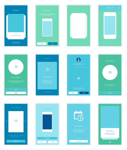 Interface utilisateur mobile 35 écrans Wirefrme Kit pour l'assistant d'embarquement, les écrans de connexion, d'inscription et de liste de tableau de bord. Interface utilisateur rétine évolutive vectorielle . — Image vectorielle