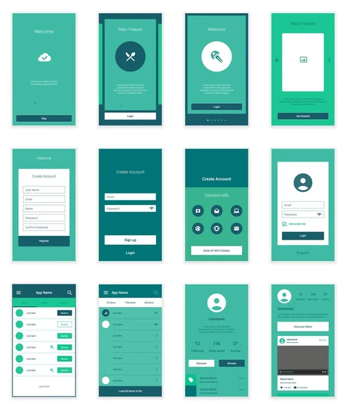 Hareket eden kullanıcı arabirimi 35 ekranları Wirefrme teçhizat onboarding Sihirbazı, giriş, kayıt ve gösterge tablosu listesi ekranlar için. Vektör ölçeklenebilir retina UI.