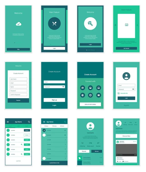 Mobile User Interface 35 schermen Wirefrme Kit voor doordat wizard, login en signup dashboard lijst schermen. Vector schaalbare netvlies Ui. — Stockvector