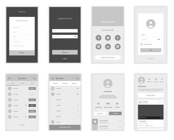Interfaz de usuario móvil 35 pantallas Wirefrme Kit para el asistente de incorporación, inicio de sesión, registro y pantallas de la lista del tablero. Interfaz de usuario de retina escalable vectorial . — Archivo Imágenes Vectoriales