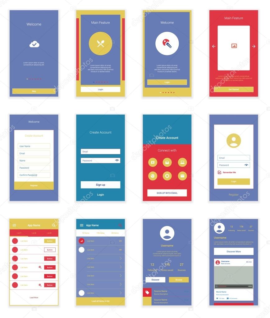 Mobile User Interface 35 Screens Wirefrme Kit for onboarding wizard, login, signup and dashboard list screens. Vector scalable retina UI.