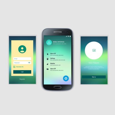Mobil ekranlar kullanıcı arabirimi Kit. Modern kullanıcı arabirimi Ux, hareket eden acımak telefon ya da yanıt veren web sitesi için kullanıcı arabirimi ekran şablonu. Hoşgeldiniz, onboarding, giriş, kayıt ve ev sayfa düzeni.