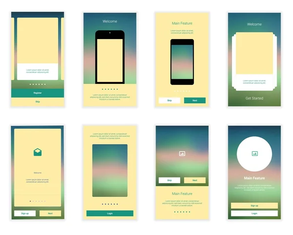 Mobile Screens User Interface Kit. Modern user interface UX, UI screen template for mobile smart phone or responsive web site. Welcome, onboarding, login, sign-up and home page layout. — Stock Vector