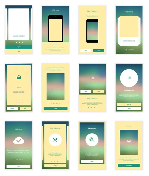 携帯電話の画面のユーザー インターフェイス キットです。最新のユーザー インターフェイス Ux、モバイル スマート フォンや応答性の高い web サイトの Ui 画面のテンプレート。ようこそ、登録、ログイン、サインアップとホーム ページ レイアウト. — ストックベクタ