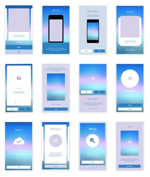 Telas móveis Kit de interface de usuário. Interface de usuário moderna UX, modelo de tela UI para telefone inteligente móvel ou site responsivo. Bem-vindo, onboarding, login, inscrição e layout de página inicial . — Vetor de Stock