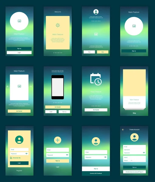 Mobile Bildschirme Benutzeroberfläche Kit. moderne Benutzeroberfläche ux, UI-Bildschirmvorlage für Mobiltelefone oder eine ansprechende Website. Willkommen, Onboarding, Login, Anmeldung und Homepage-Layout. — Stockvektor