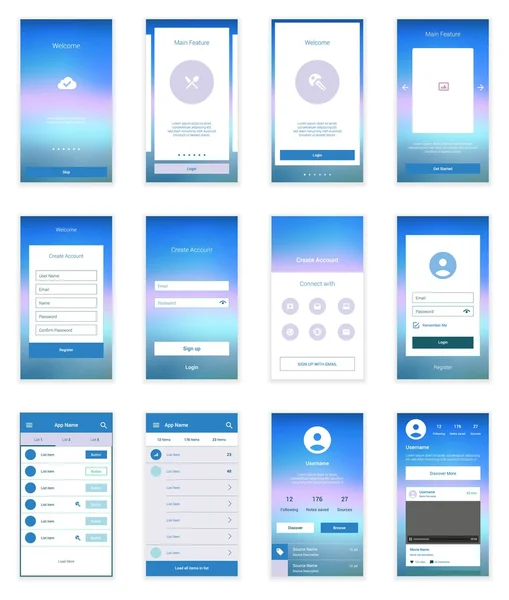 Mobile Screens User Interface Kit. Modern user interface UX, UI screen template for mobile smart phone or responsive web site. Welcome, onboarding, login, sign-up and home page layout. — Stock Vector