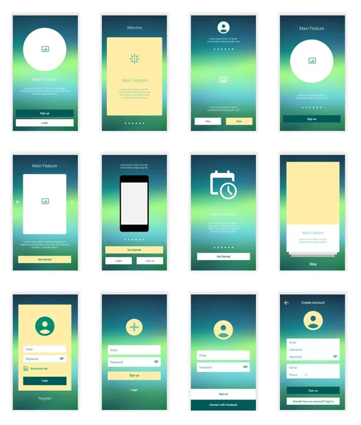 Mobile Screens User Interface Kit. Modern user interface UX, UI screen template for mobile smart phone or responsive web site. Welcome, onboarding, login, sign-up and home page layout. — Stock Vector