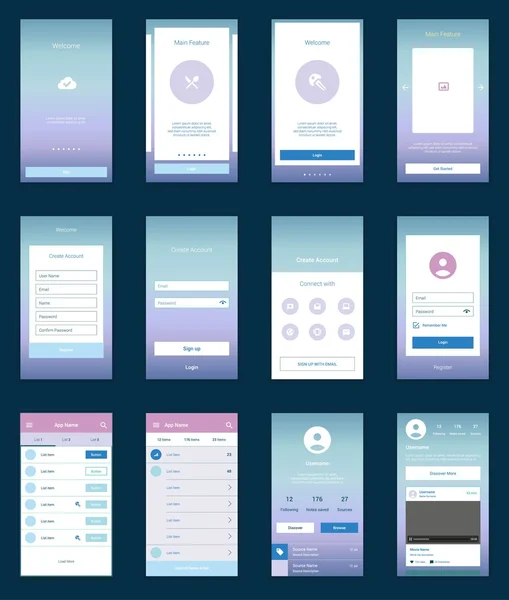 Mobile Screens User Interface Kit. Modern user interface UX, UI screen template for mobile smart phone or responsive web site. Welcome, onboarding, login, sign-up and home page layout. — Stock Vector