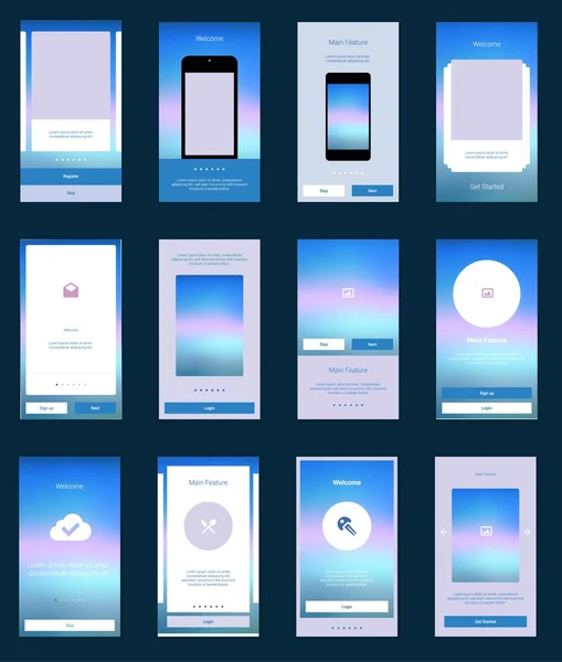 Mobilne ekrany użytkownika interfejs Kit. Nowoczesny interfejs Ux, szablon ekranu interfejsu użytkownika dla mobilnych silny telefon albo elastyczne witryny sieci web. Witaj, onboarding, logowania, układ strony rejestracji i do domu. — Wektor stockowy