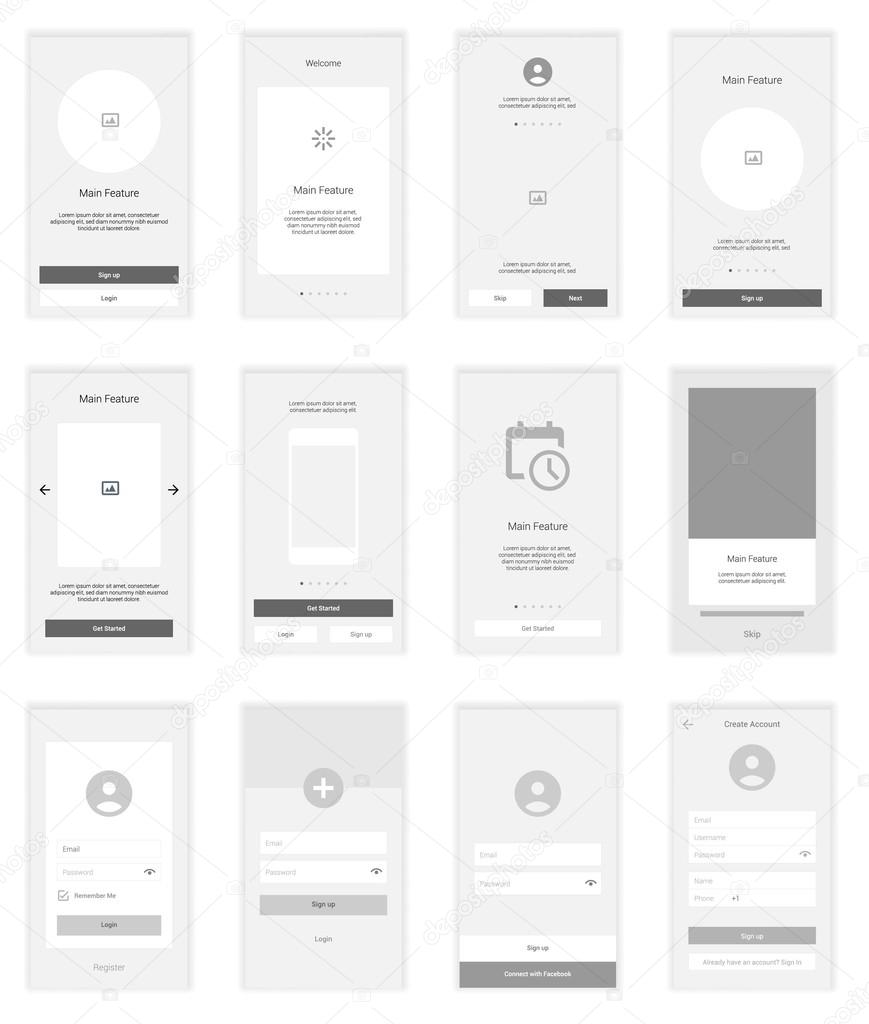 Mobile Screens wireframe User Interface Kit. Modern user interface UX, UI screen template for mobile smart phone or responsive web site. Welcome, onboarding, login, sign-up and home page layout.