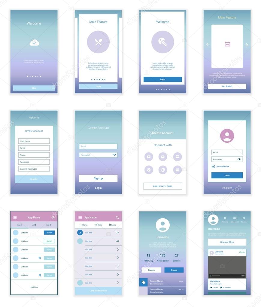 Mobile Screens User Interface Kit. Modern user interface UX, UI screen template for mobile smart phone or responsive web site. Welcome, onboarding, login, sign-up and home page layout.