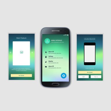 Mobile Screens User Interface Kit. Modern user interface UX, UI screen template for mobile smart phone or responsive web site. Welcome, onboarding, login, sign-up and home page layout. clipart