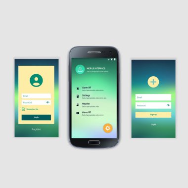 Mobil ekranlar kullanıcı arabirimi Kit. Modern kullanıcı arabirimi Ux, hareket eden acımak telefon ya da yanıt veren web sitesi için kullanıcı arabirimi ekran şablonu. Hoşgeldiniz, onboarding, giriş, kayıt ve ev sayfa düzeni.