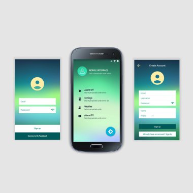 Mobil ekranlar kullanıcı arabirimi Kit. Modern kullanıcı arabirimi Ux, hareket eden acımak telefon ya da yanıt veren web sitesi için kullanıcı arabirimi ekran şablonu. Hoşgeldiniz, onboarding, giriş, kayıt ve ev sayfa düzeni.