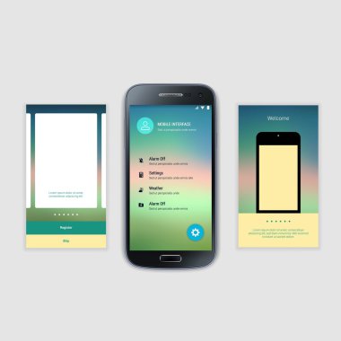 Mobil ekranlar kullanıcı arabirimi Kit. Modern kullanıcı arabirimi Ux, hareket eden acımak telefon ya da yanıt veren web sitesi için kullanıcı arabirimi ekran şablonu. Hoşgeldiniz, onboarding, giriş, kayıt ve ev sayfa düzeni.