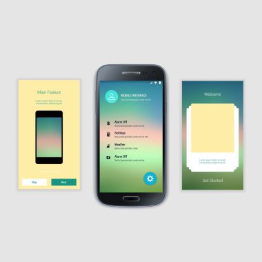 Mobil ekranlar kullanıcı arabirimi Kit. Modern kullanıcı arabirimi Ux, hareket eden acımak telefon ya da yanıt veren web sitesi için kullanıcı arabirimi ekran şablonu. Hoşgeldiniz, onboarding, giriş, kayıt ve ev sayfa düzeni.