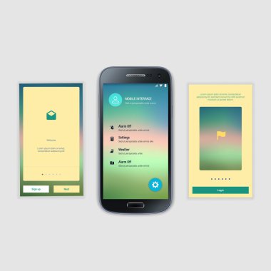 Mobil ekranlar kullanıcı arabirimi Kit. Modern kullanıcı arabirimi Ux, hareket eden acımak telefon ya da yanıt veren web sitesi için kullanıcı arabirimi ekran şablonu. Hoşgeldiniz, onboarding, giriş, kayıt ve ev sayfa düzeni.